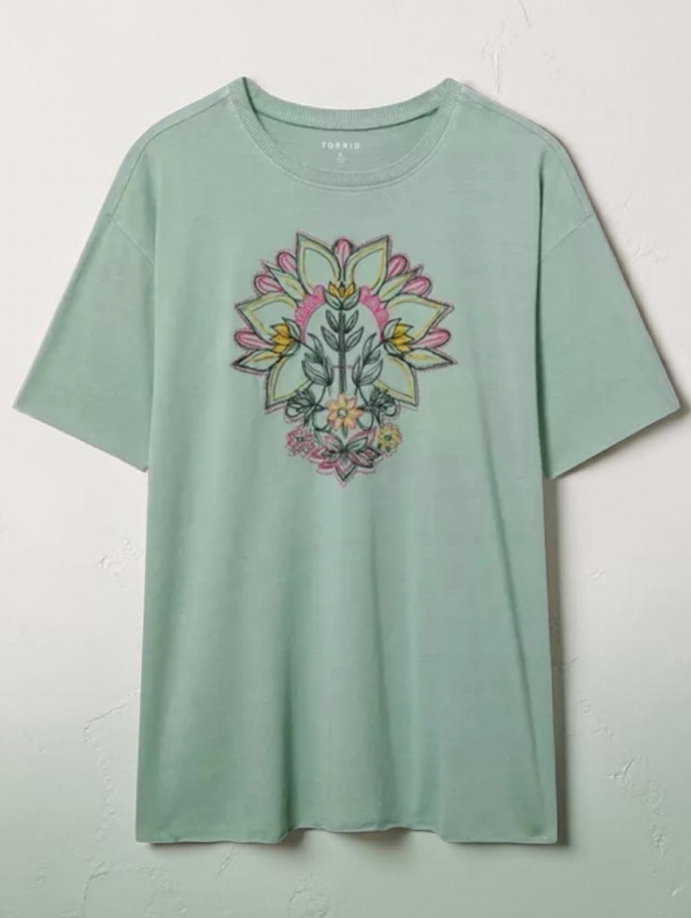 Torrid Mint Green Floral Mandala Tee Relaxed Fit, Raw Edge, 3x
